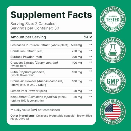 Lymphatic Drainage Supplement – Lymphatic Drainage Capsules with Dandelion, Burdock, Cleavers & Echinacea, Supports Bloating, Fluid Balance & Daily Lymphatic Wellness – 60 Capsules