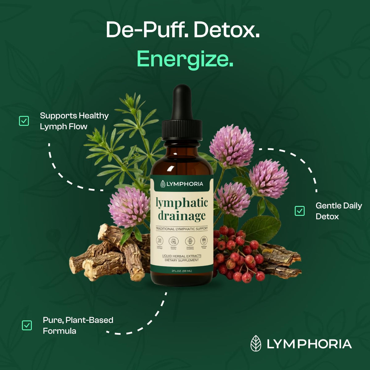 Lymphatic Drainage Drops for Bloat Relief & De-Puff – Cleavers, Red Clover, Stillingia Root & Prickly Ash Bark – Lymph Node Detox Cleanse, Fluid Retention, Alcohol-Free